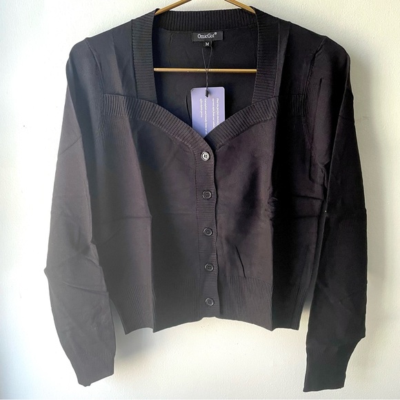 NEW  Long Sleeve Queen Anne Sweetheart Scallop Trim Cardigan Sweater black - Picture 1 of 5
